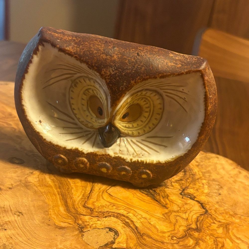 MCM Style Pottery Glazed Owl Figurine 3.75”Hx4.75”W